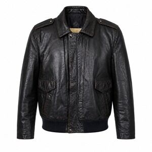 Vintage Geronimo Black Leather Bomber Jacket Mens 40 Aviator Flight Coat 70s 80s